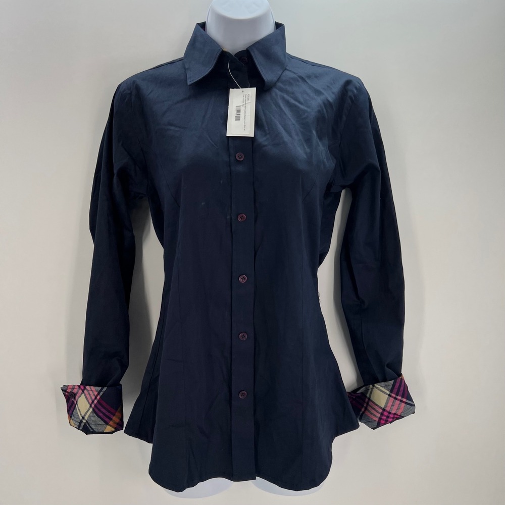 Royal Highness Equestrian Women Size XS Navy Sateen Lycra Shirt‎ Plaid Tirm NEW